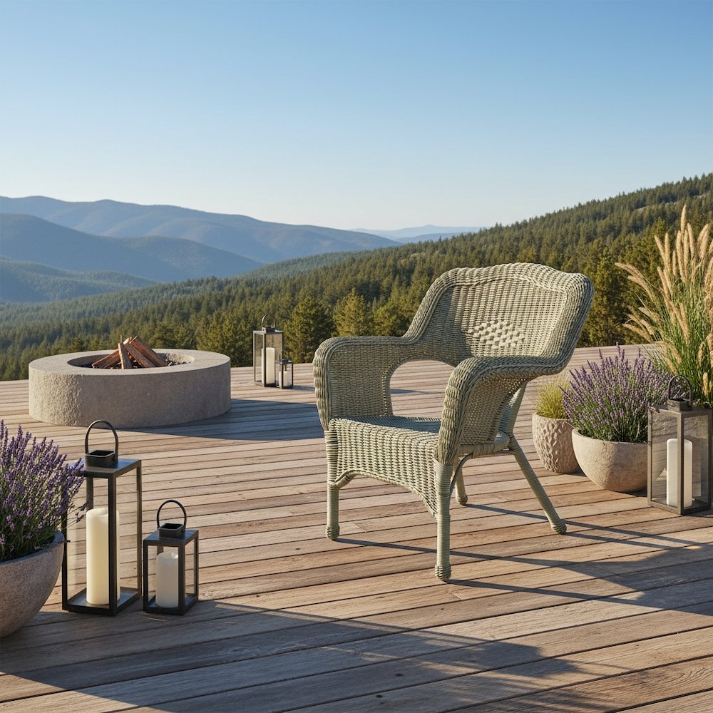 Patio Chair, Moss Wicker, Stackable, Steel Frame and Camelback Design