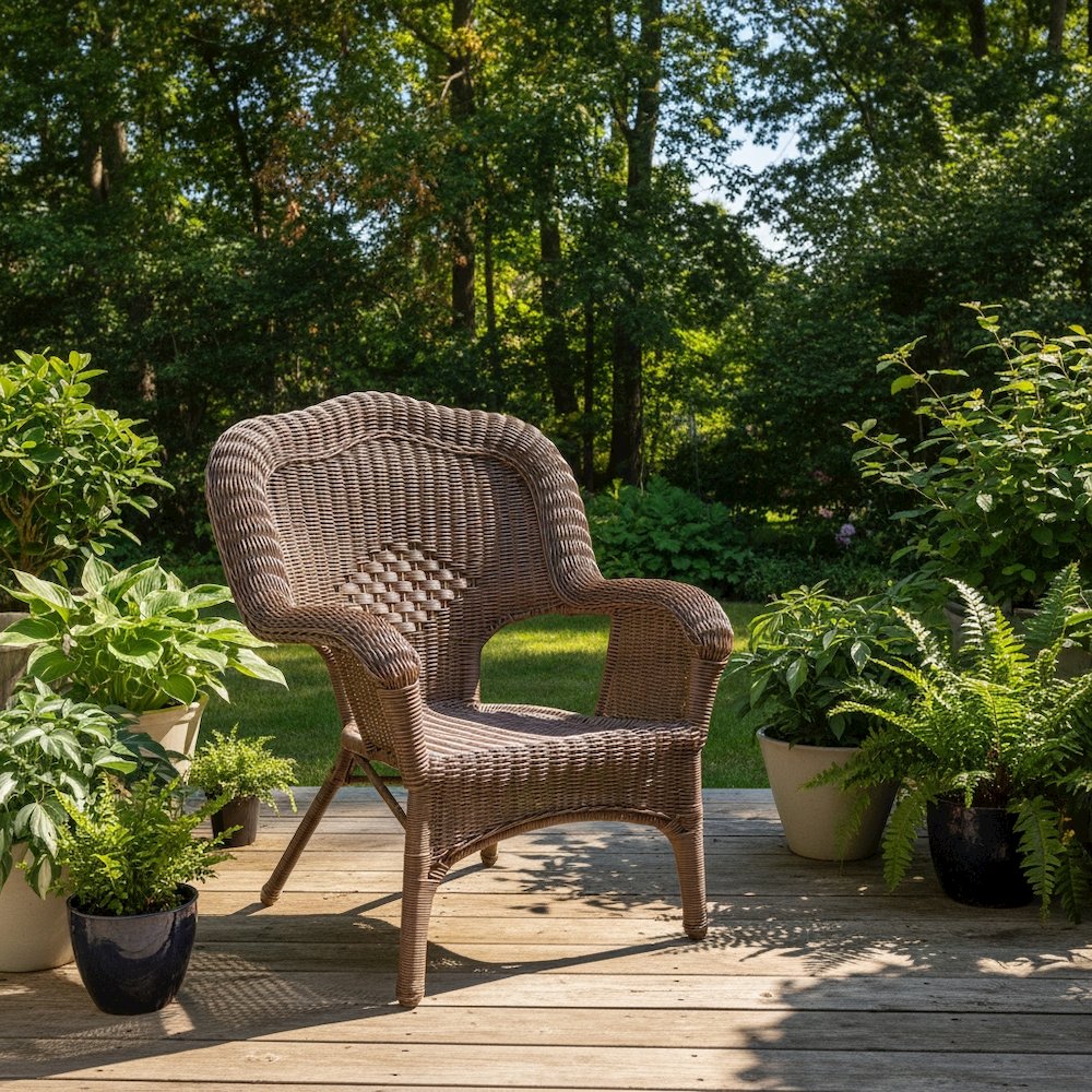 Patio Chair, Dark Brown Wicker, Stackable, Steel Frame, Camelback