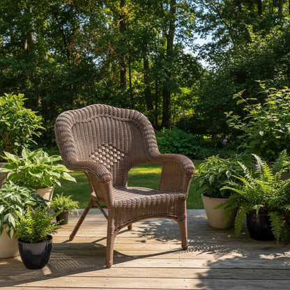 Patio Chair, Dark Brown Wicker, Stackable, Steel Frame, Camelback