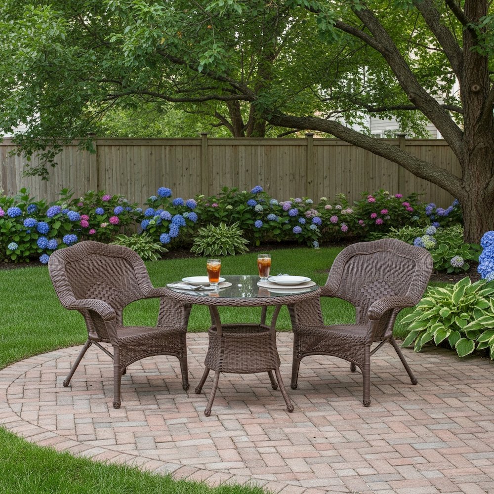 Patio Chair, Dark Brown Wicker, Stackable, Steel Frame, Camelback