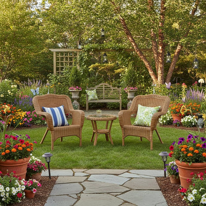 Patio Chairs Set of 2, Mocha Resin Wicker, Stackable, Steel Frame