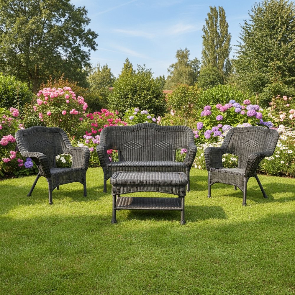 4 Piece Seating Outdoor Set, Black Wicker/Steel Loveseat with 2 Chairs and Table