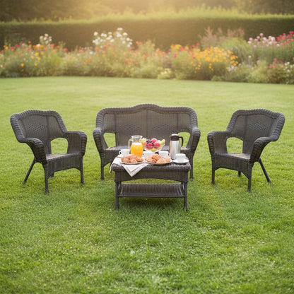 4 Piece Seating Outdoor Set, Black Wicker/Steel Loveseat with 2 Chairs and Table