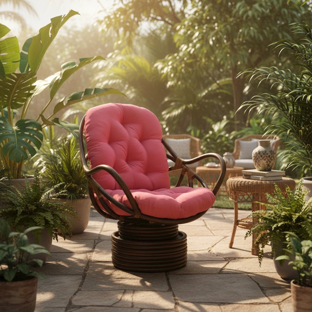 Swivel Rocker, Brown Rattan and Micro Suede Cushion, Red Plush Seating