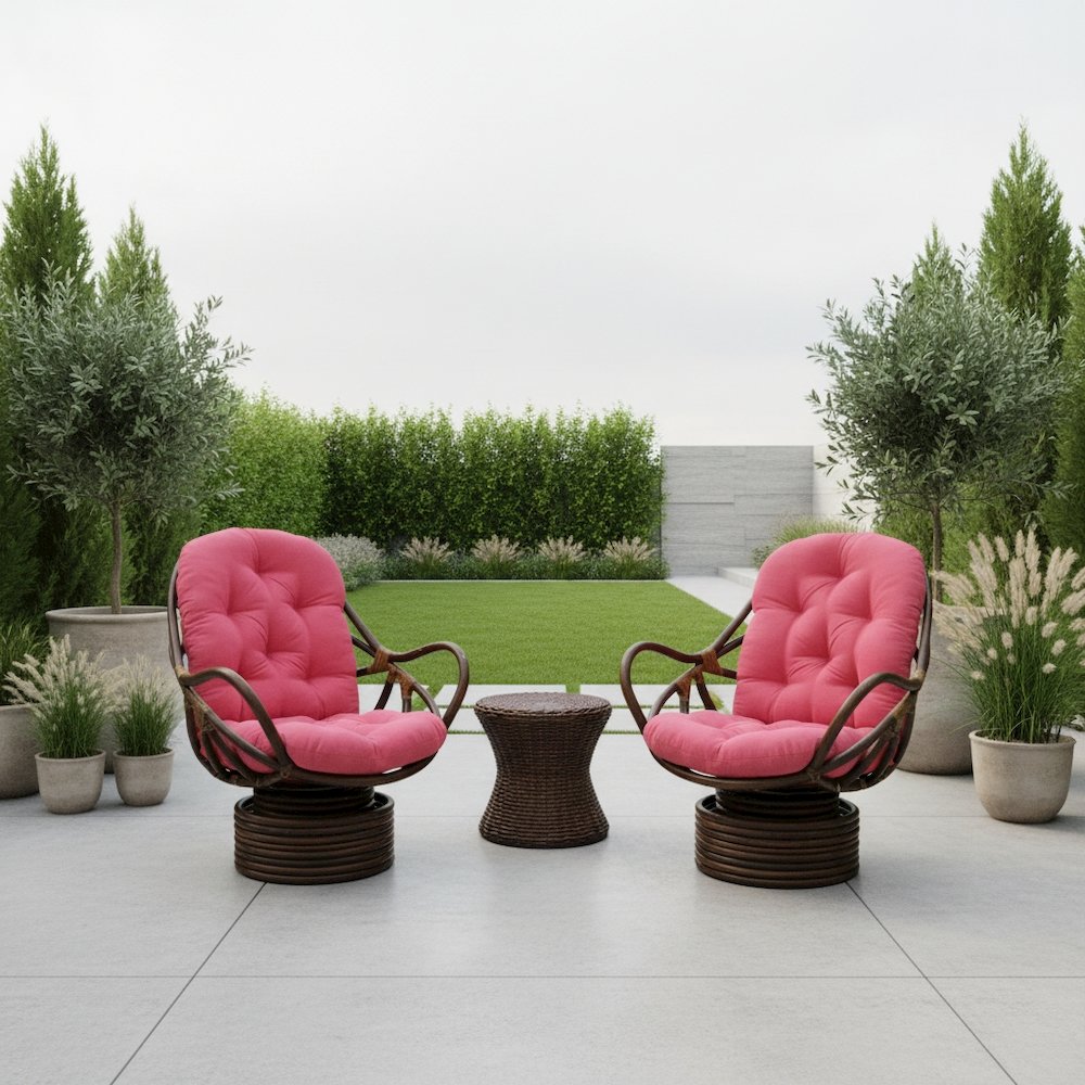 Swivel Rocker, Brown Rattan and Micro Suede Cushion, Red Plush Seating