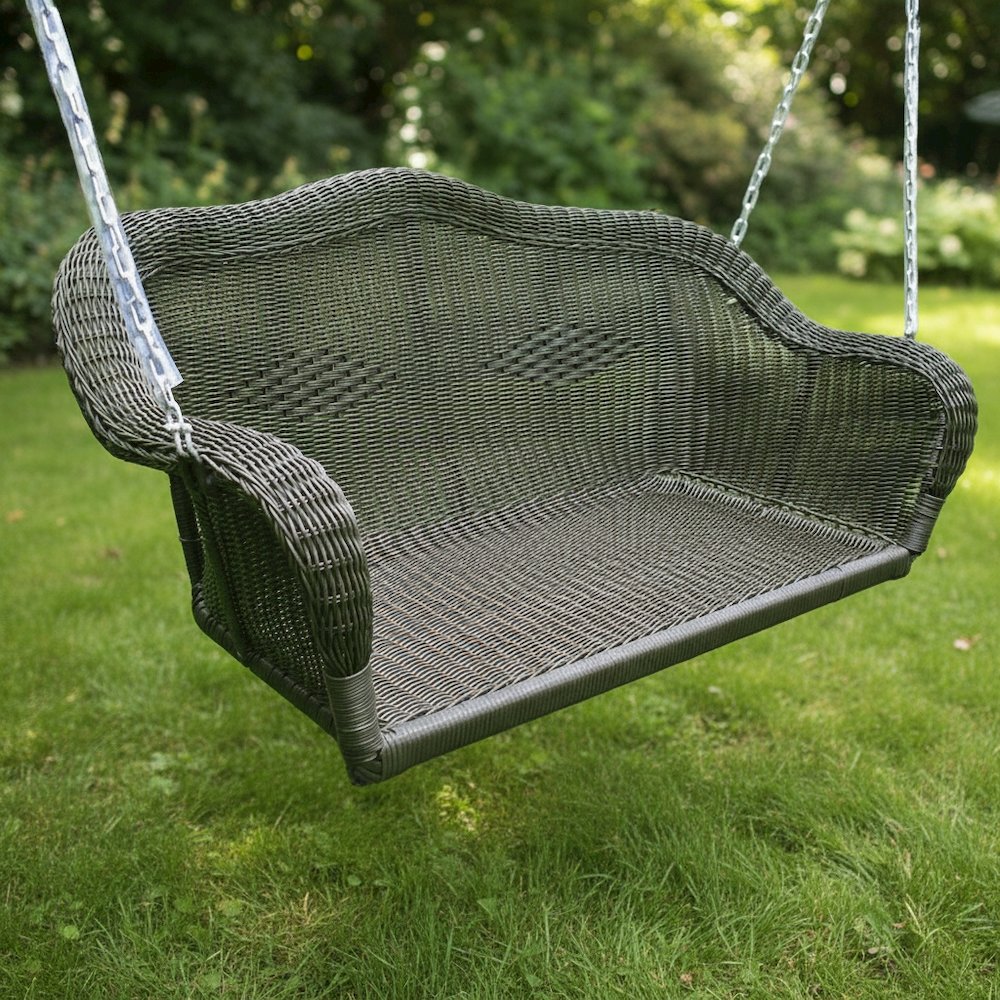 Hanging Loveseat Swing, Black Hand-Woven Wicker, Curved Steel Frame