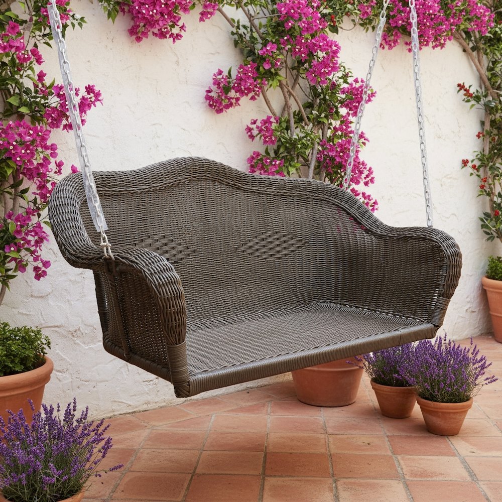 Hanging Loveseat Swing, Black Hand-Woven Wicker, Curved Steel Frame