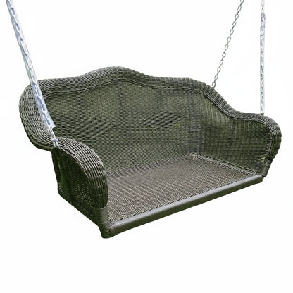 Hanging Loveseat Swing, Black Hand-Woven Wicker, Curved Steel Frame