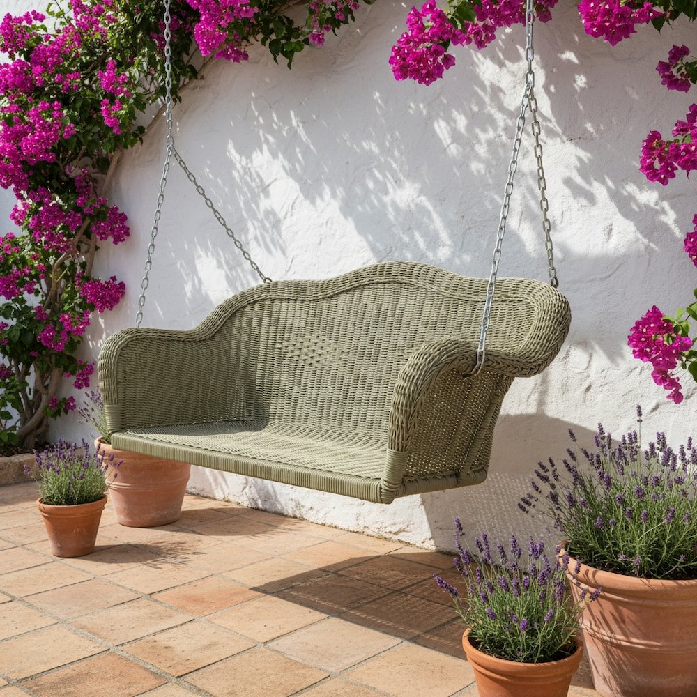 Hanging Loveseat Swing, Moss Wicker, Hand-Woven, Steel Frame and Curved Back