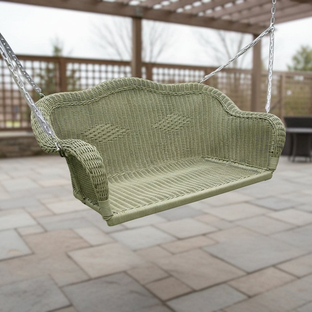 Hanging Loveseat Swing, Moss Wicker, Hand-Woven, Steel Frame and Curved Back