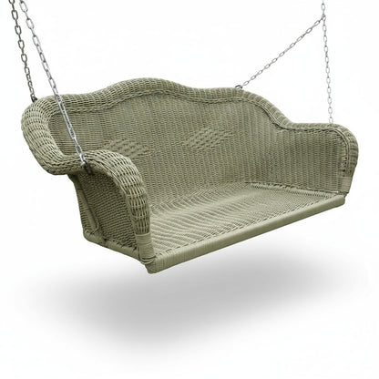 Hanging Loveseat Swing, Moss Wicker, Hand-Woven, Steel Frame and Curved Back
