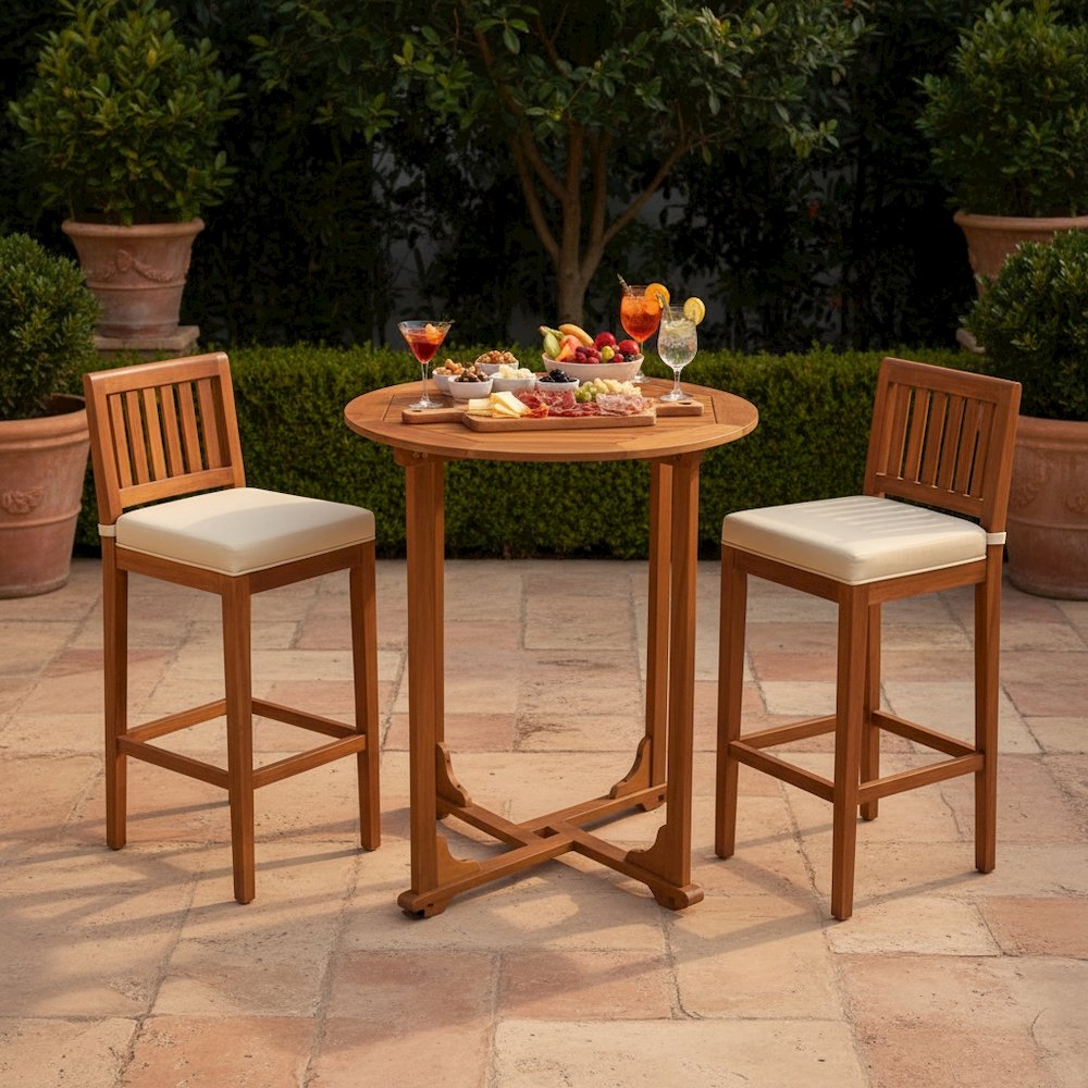 Bar Height Round Table, Solid Balau Wood, Umbrella Hole, Outdoor Patio