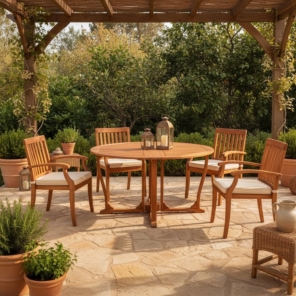Round Dining Table, Solid Balau Wood, Gate Leg, Umbrella Hole, Outdoor