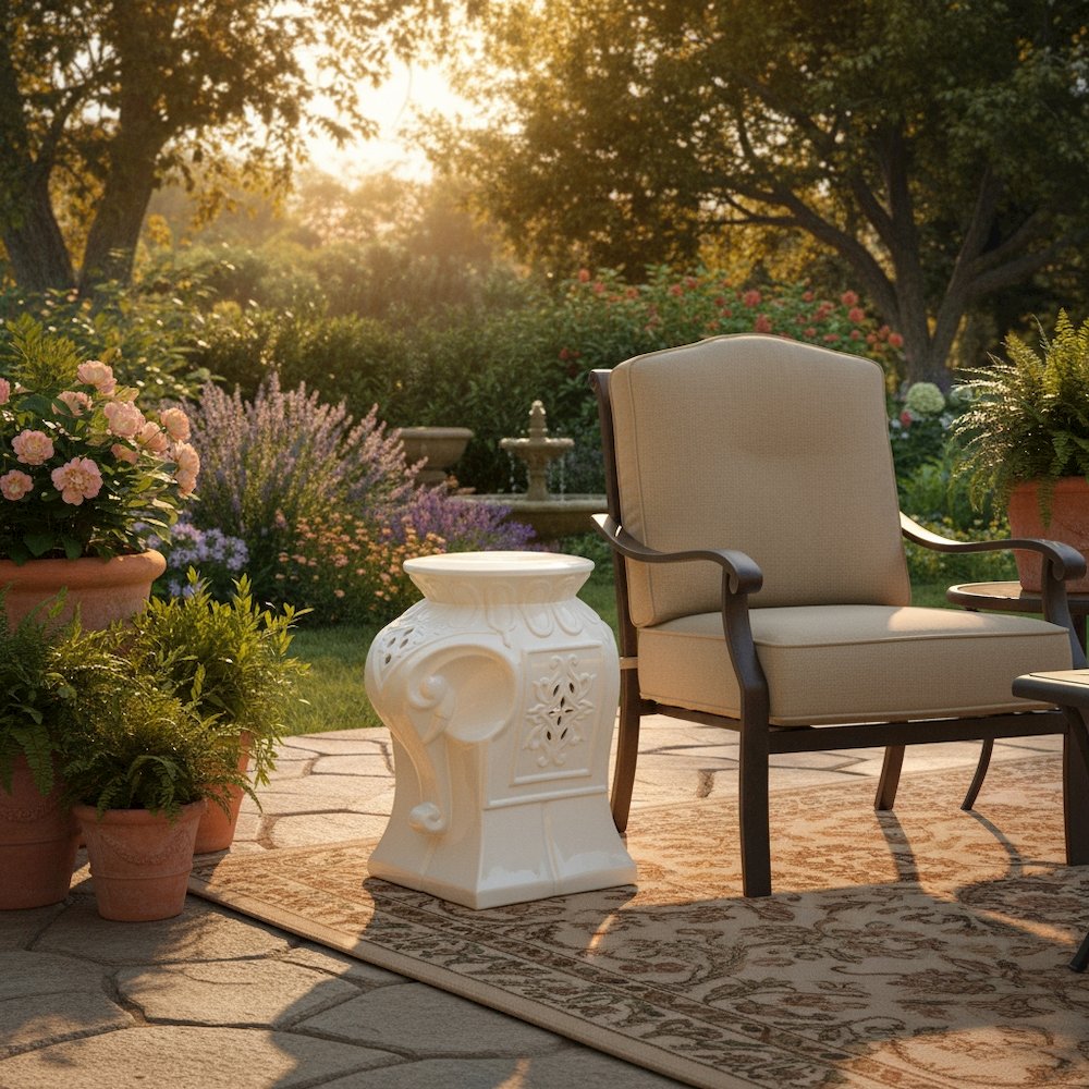 Ceramic Garden Stool, White Elephant Design, Indoor Outdoor Accent