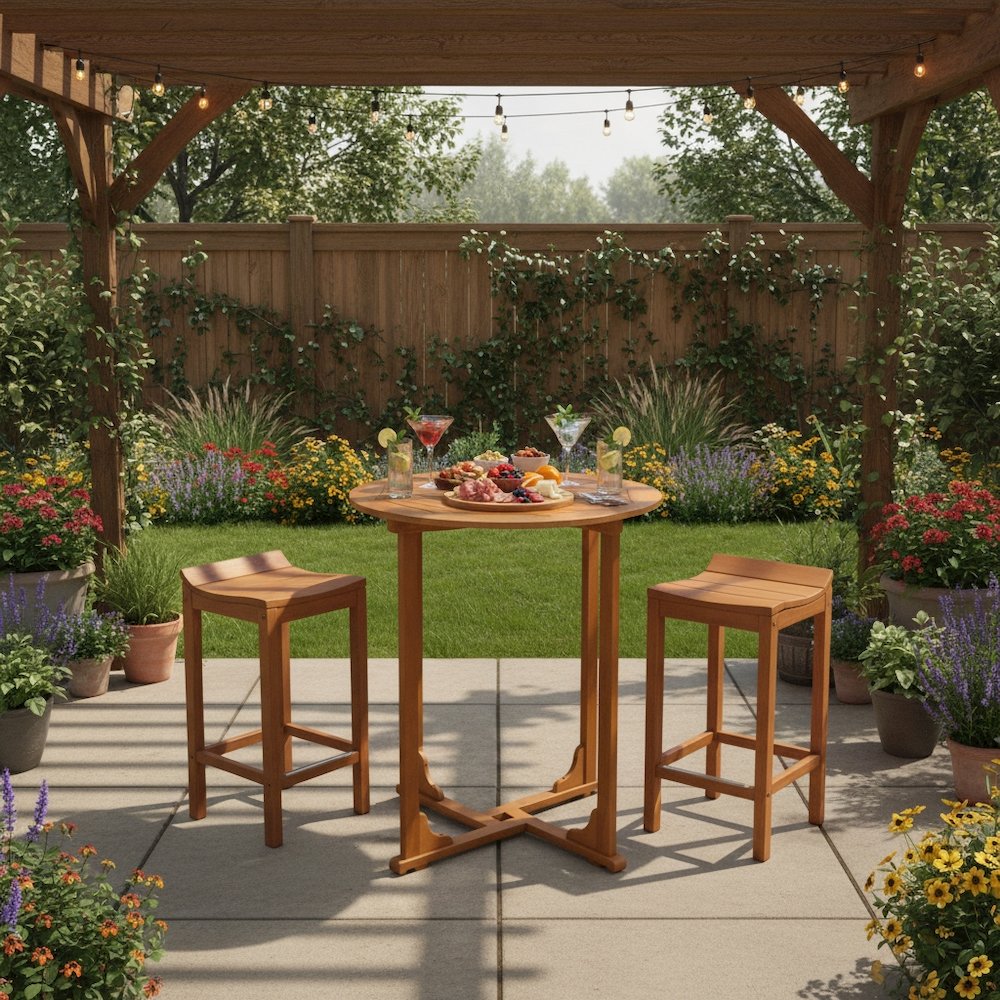 Bar Height Round Table, Solid Balau Wood, Umbrella Hole, Outdoor Patio
