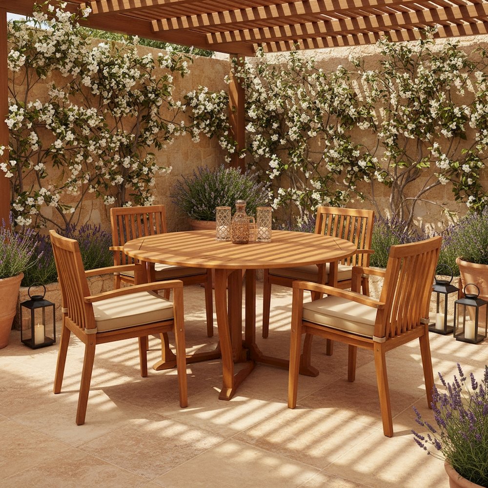 Round Dining Table, Solid Balau Wood, Gate Leg, Umbrella Hole, Outdoor