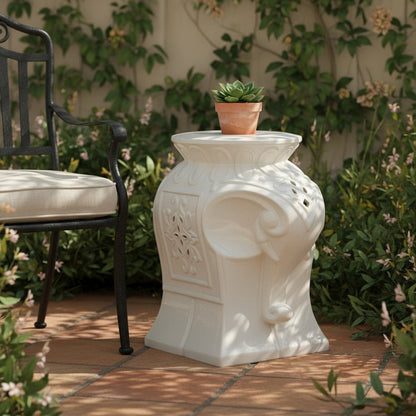 Ceramic Garden Stool, White Elephant Design, Indoor Outdoor Accent