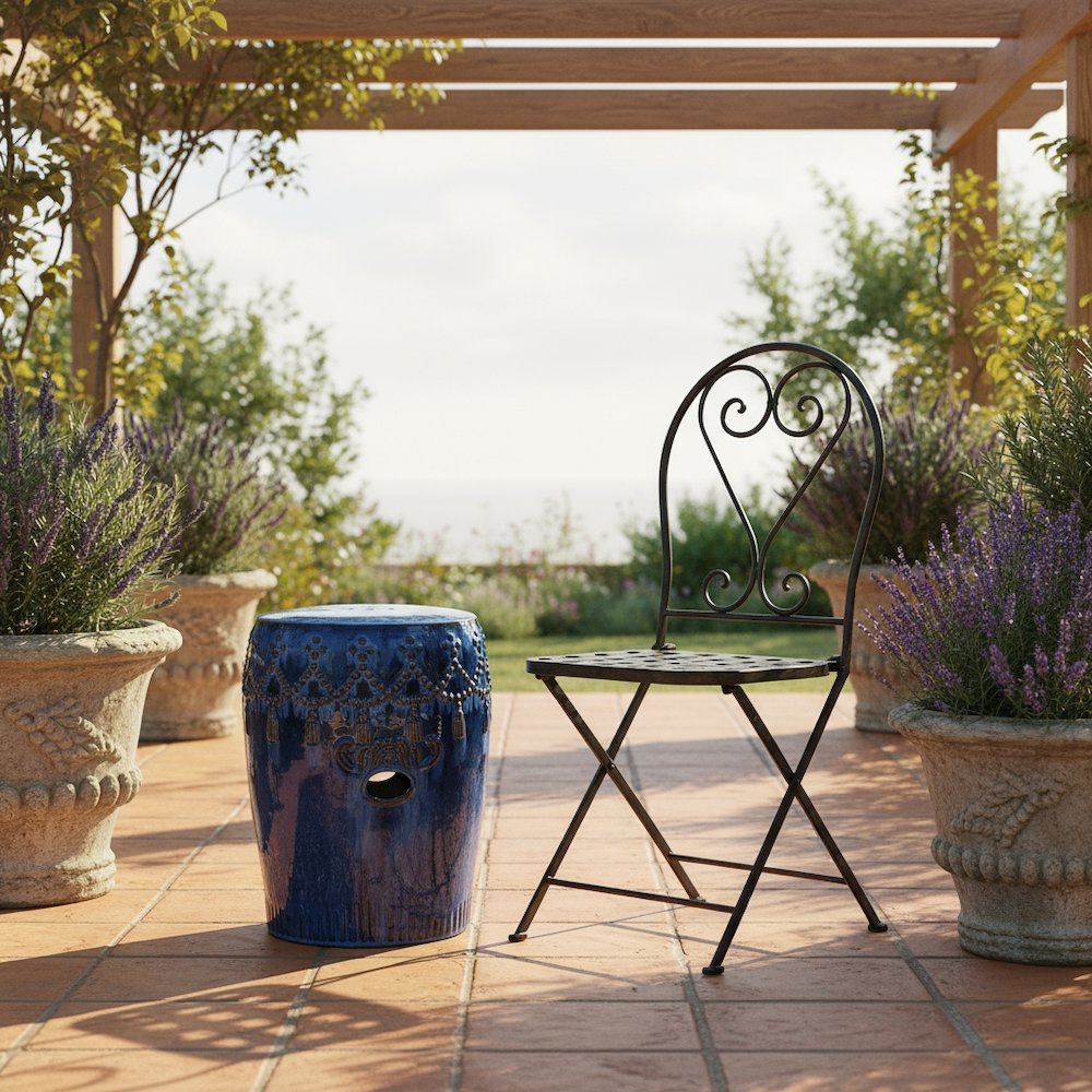 Ceramic Garden Stool, Navy Blue Tasseled Drum, Indoor/Outdoor Accent