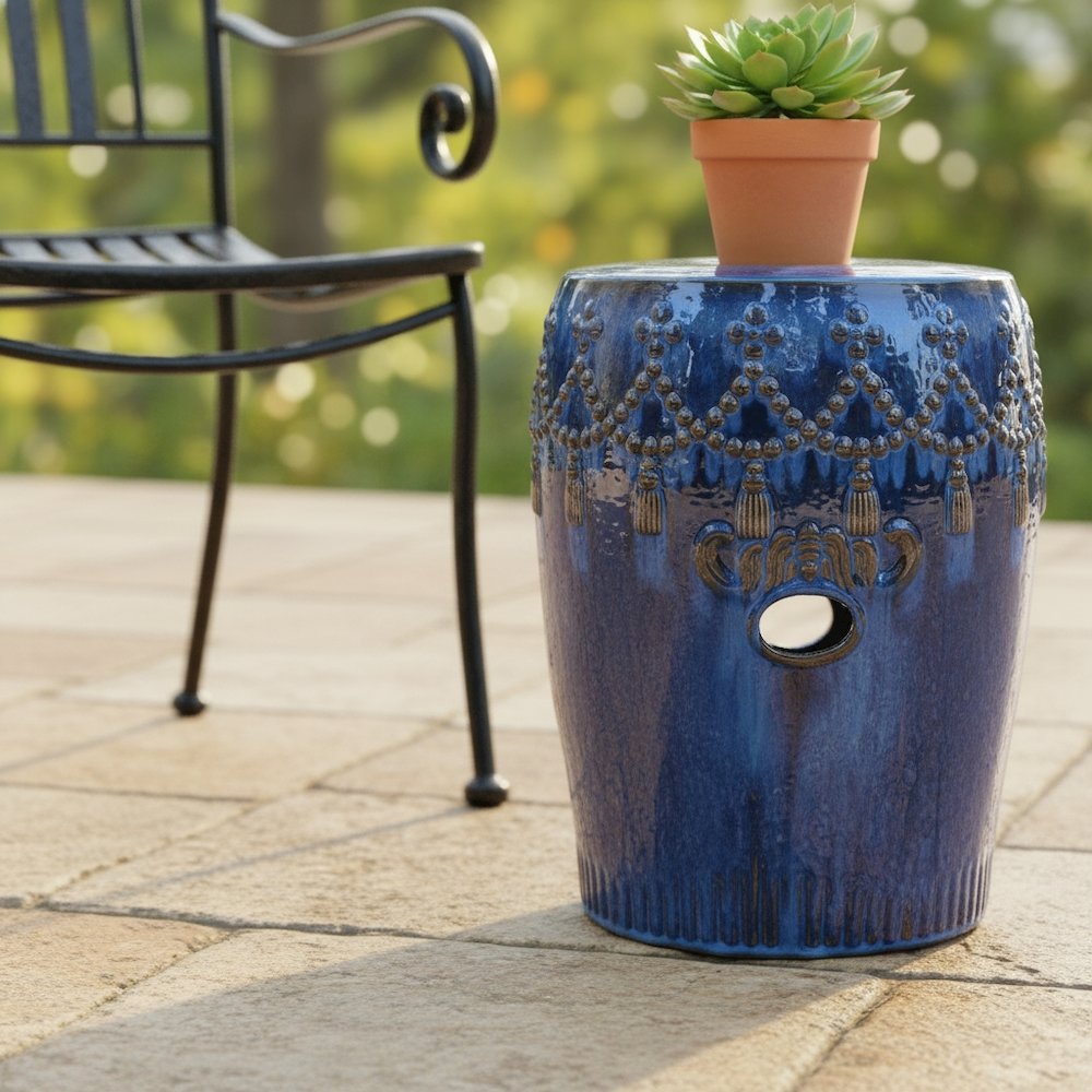 Ceramic Garden Stool, Navy Blue Tasseled Drum, Indoor/Outdoor Accent
