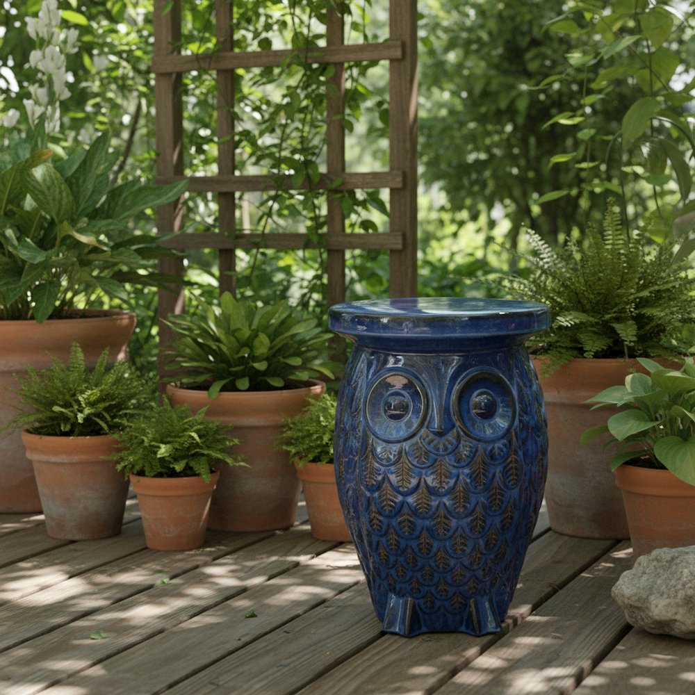 Ceramic Garden Stool, Navy Blue Wise Owl, Indoor/Outdoor Accent