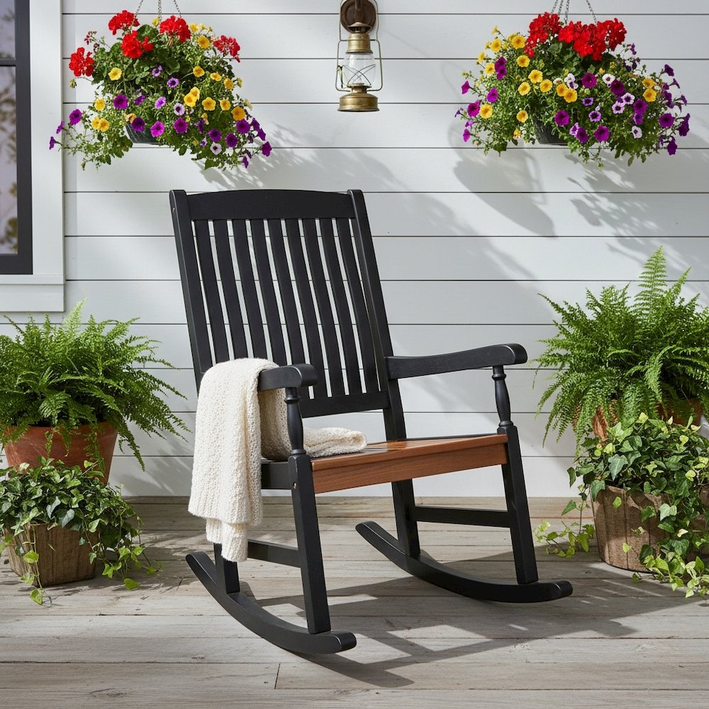 Porch Rocker, Black Acacia Wood and Oak Stain Seat, Distressed Finish