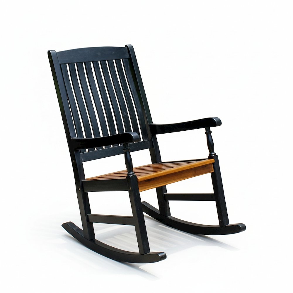 Porch Rocker, Black Acacia Wood and Oak Stain Seat, Distressed Finish