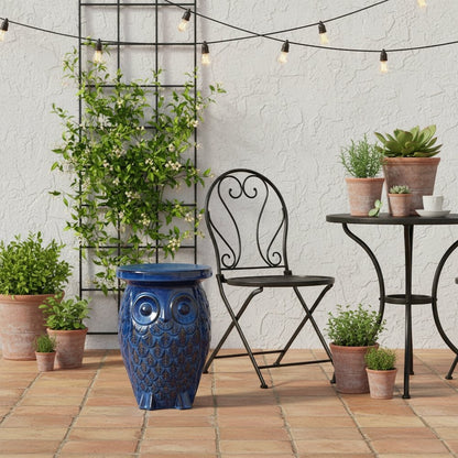 Ceramic Garden Stool, Navy Blue Wise Owl, Indoor/Outdoor Accent