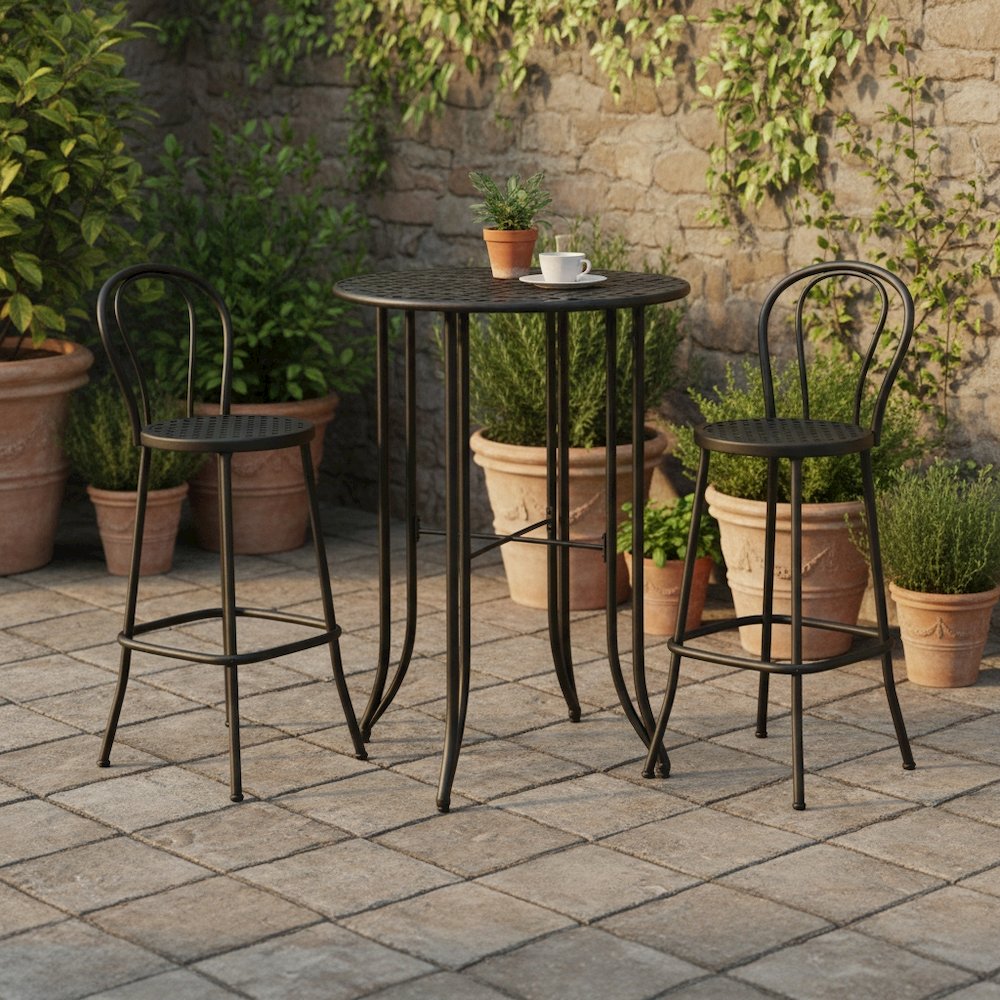 Bar Height Round Table, Black Iron, Intricate Detail, Durable Outdoor Patio