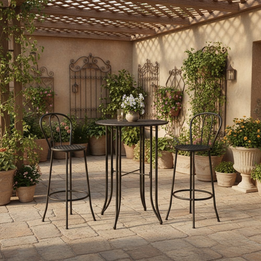 Bar Height Round Table, Black Iron, Intricate Detail, Durable Outdoor Patio