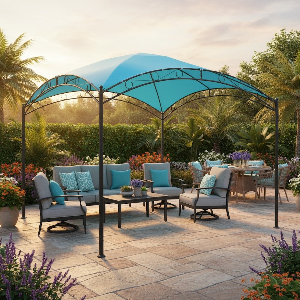 Square Gazebo, 10 Ft Dome Top with Steel Frame, Aqua Blue Canopy