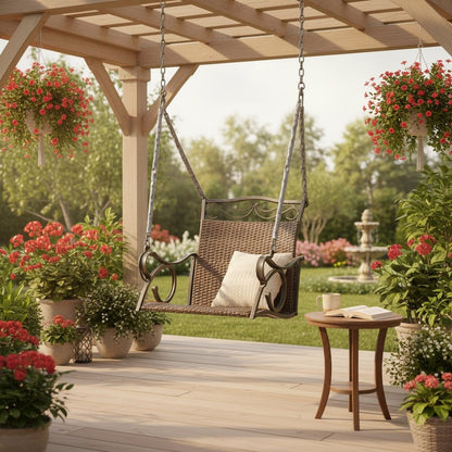 Single Chair Swing, Antique Brown Wicker, Steel Frame, Hanging