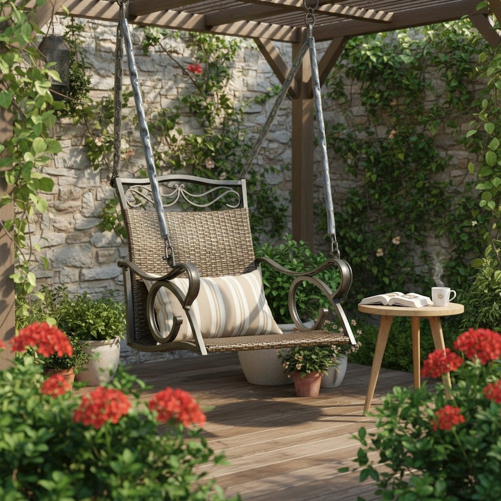 Single Chair Swing, Antique Brown Wicker, Steel Frame, Hanging