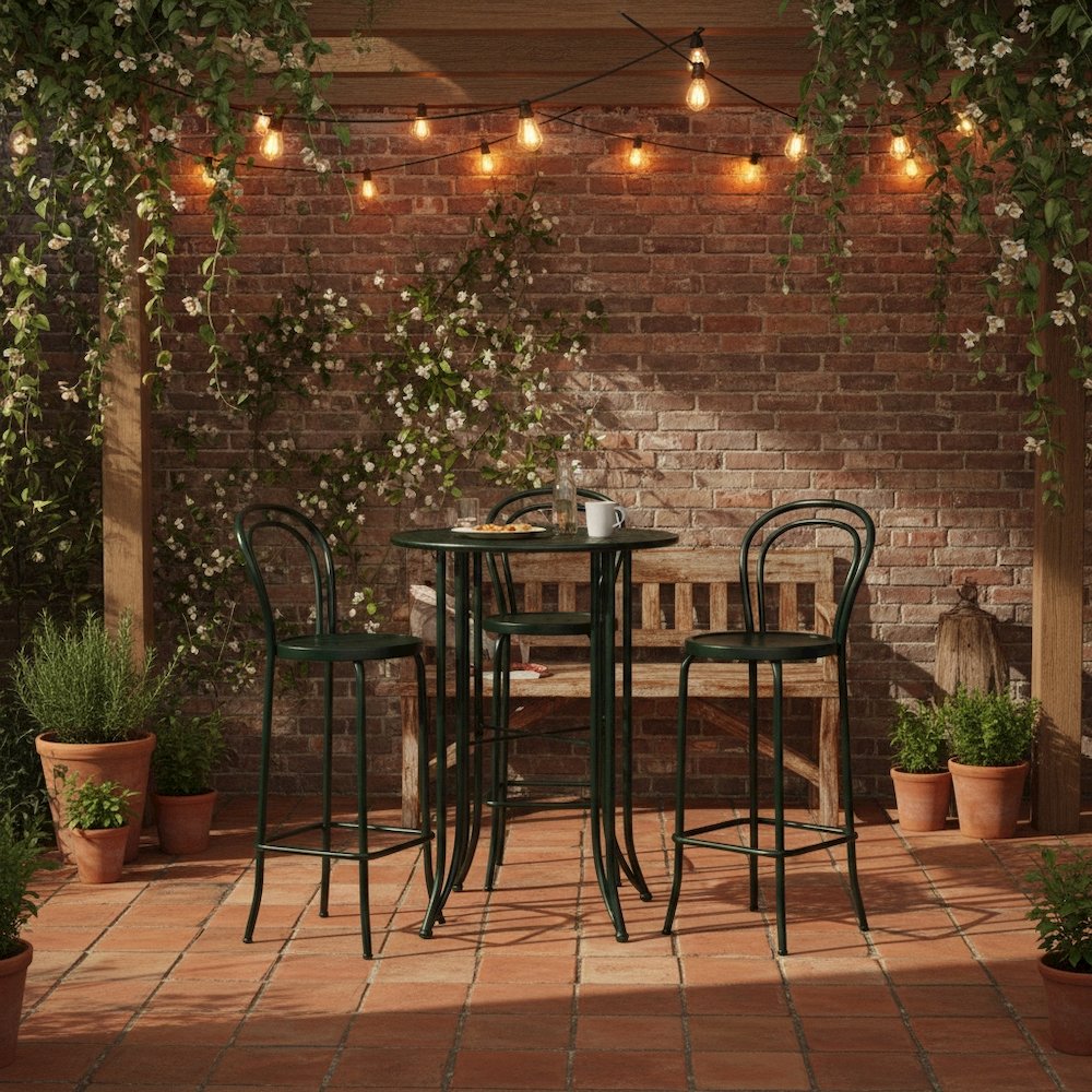 Bar Height Round Table, Green Iron with Intricate Detail, Durable Patio
