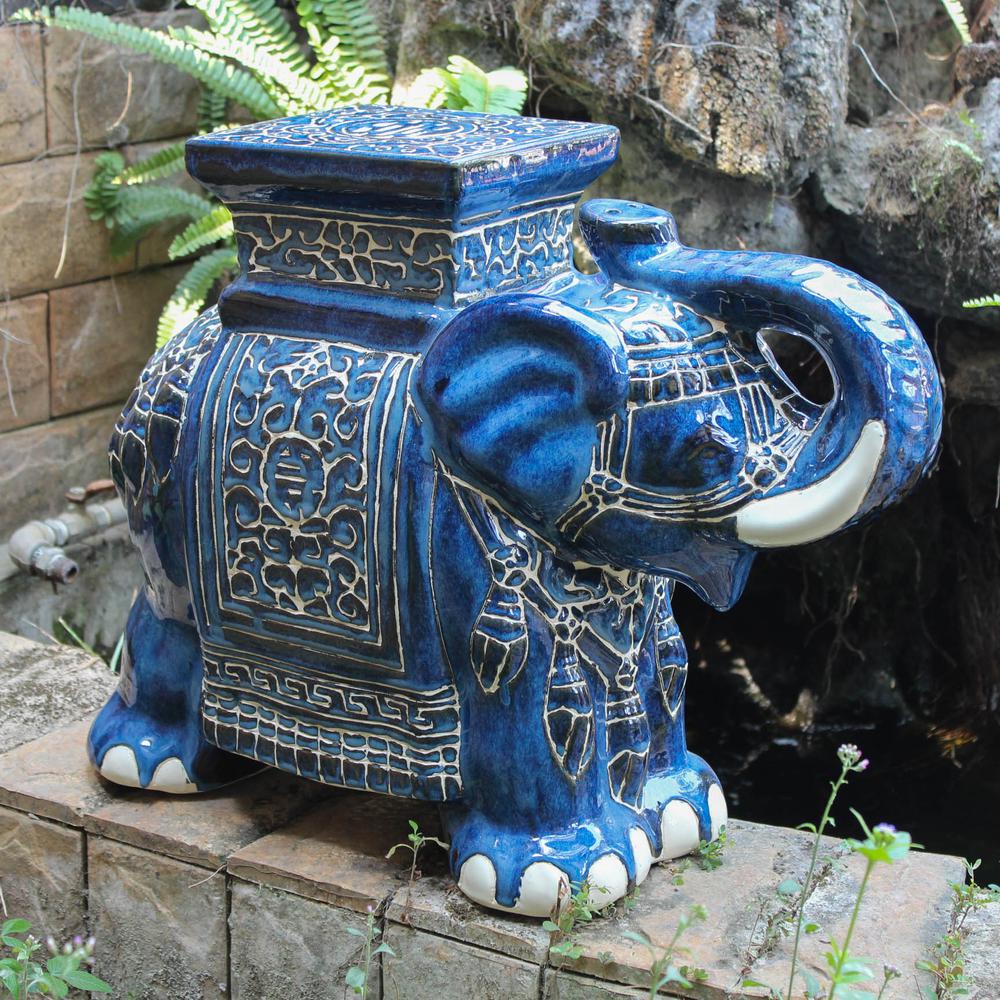 Large Porcelain Elephant Stool-Blue
