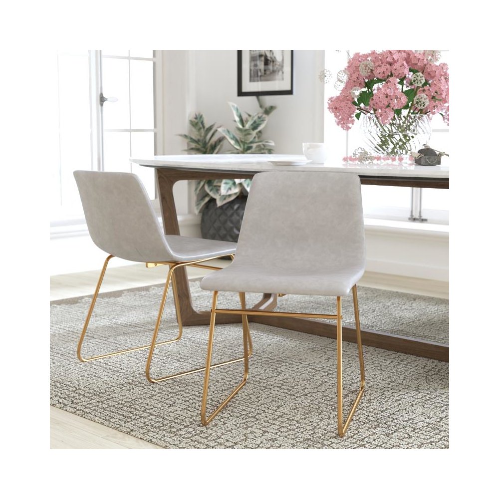 18 inch Dining Table Height Chair, Mid-Back Sled Base Dining Chair in Light Gray LeatherSoft with Gold Frame, Set of 2