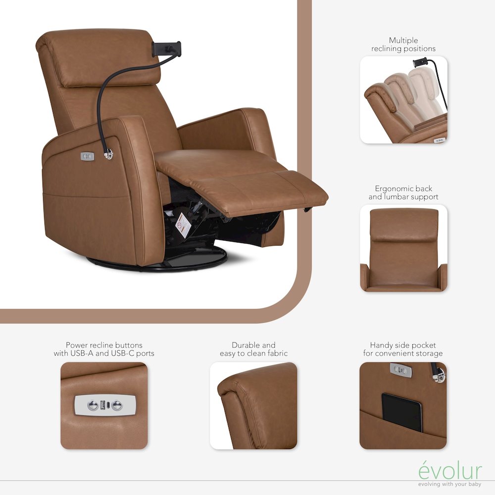Evolur Maverick Power Recline Glider with Device Holder, Cognac