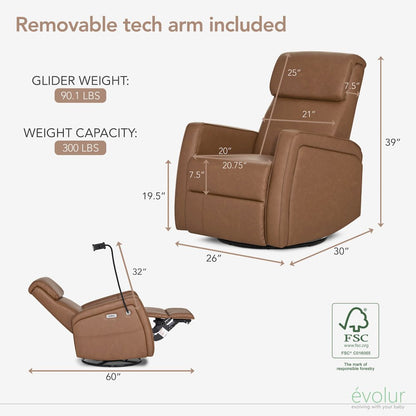 Evolur Maverick Power Recline Glider with Device Holder, Cognac