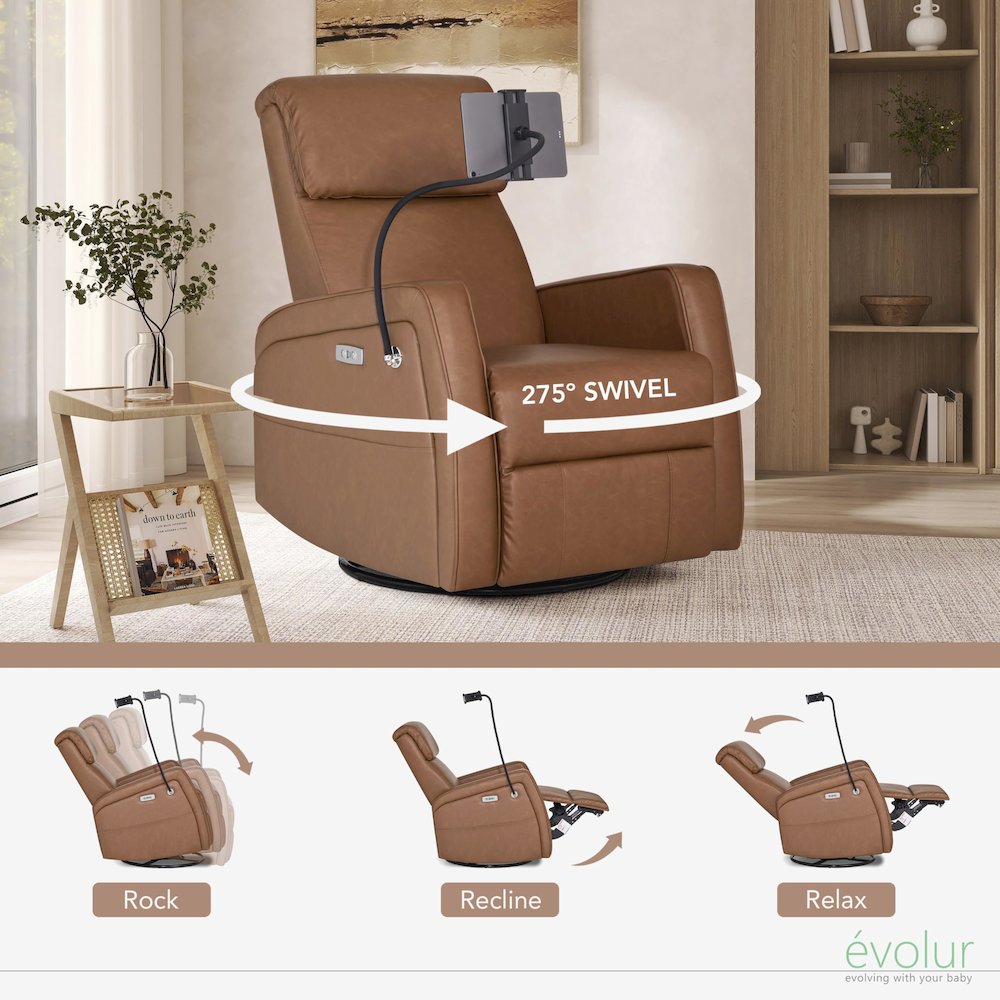 Evolur Maverick Power Recline Glider with Device Holder, Cognac