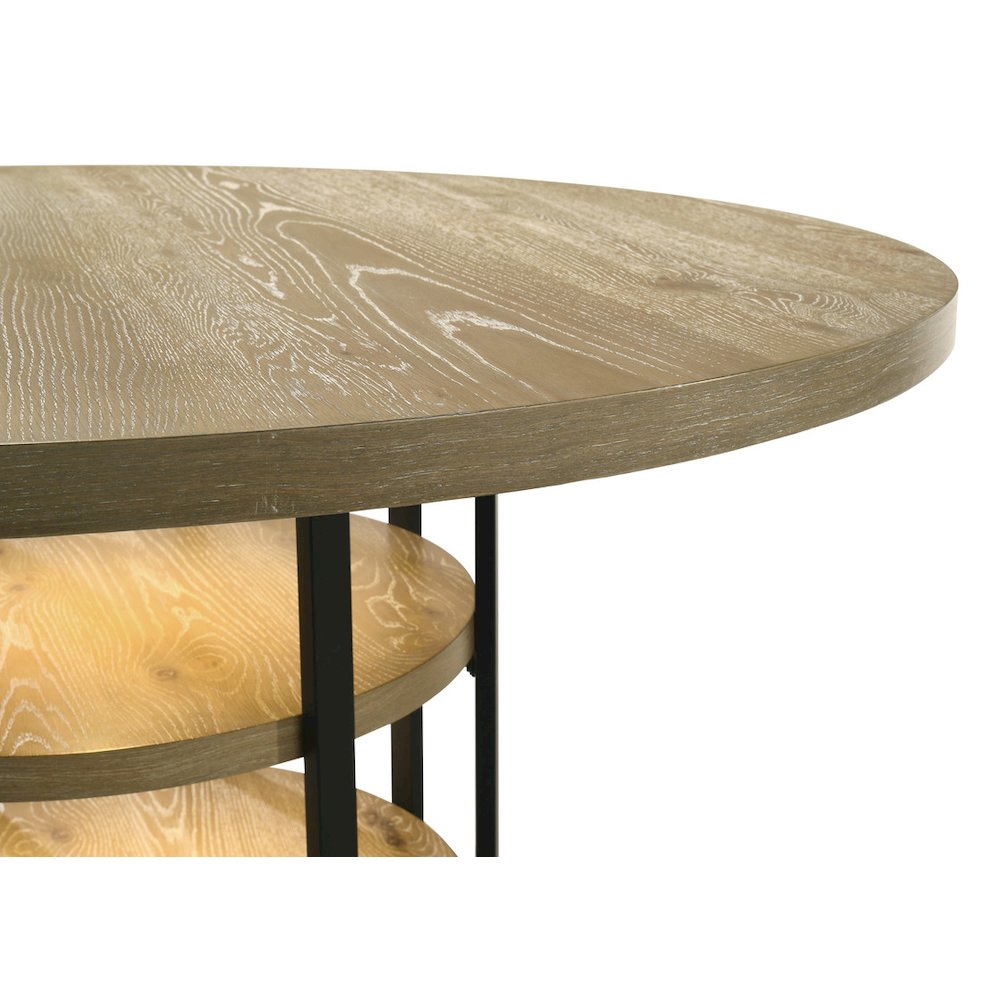 59" Round Rustic Oak Dining Table with LED Light, Black Metal Frame, Shelves