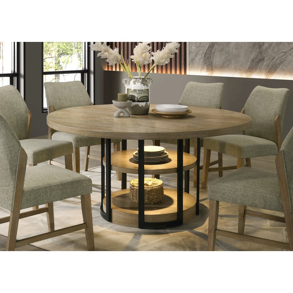 59" Round Rustic Oak Dining Table with LED Light, Black Metal Frame, Shelves