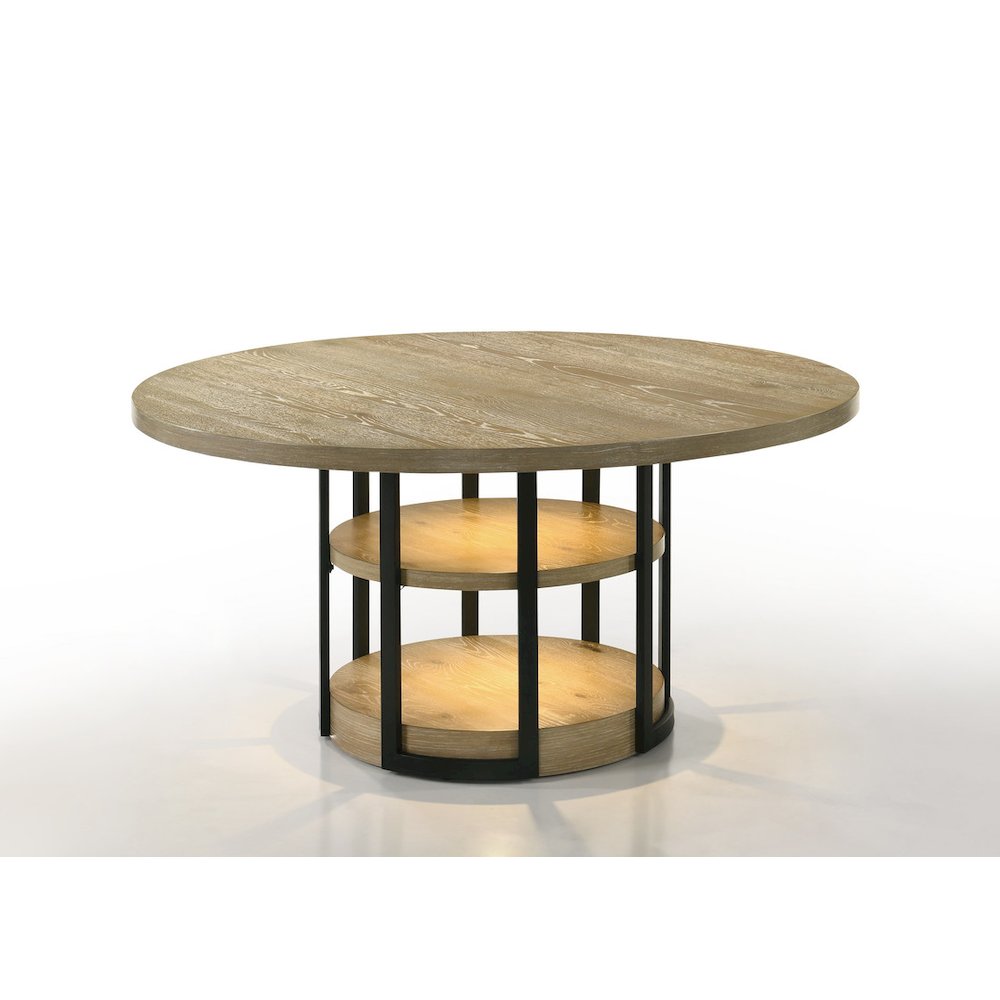 59" Round Rustic Oak Dining Table with LED Light, Black Metal Frame, Shelves