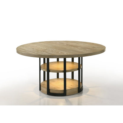 59" Round Rustic Oak Dining Table with LED Light, Black Metal Frame, Shelves