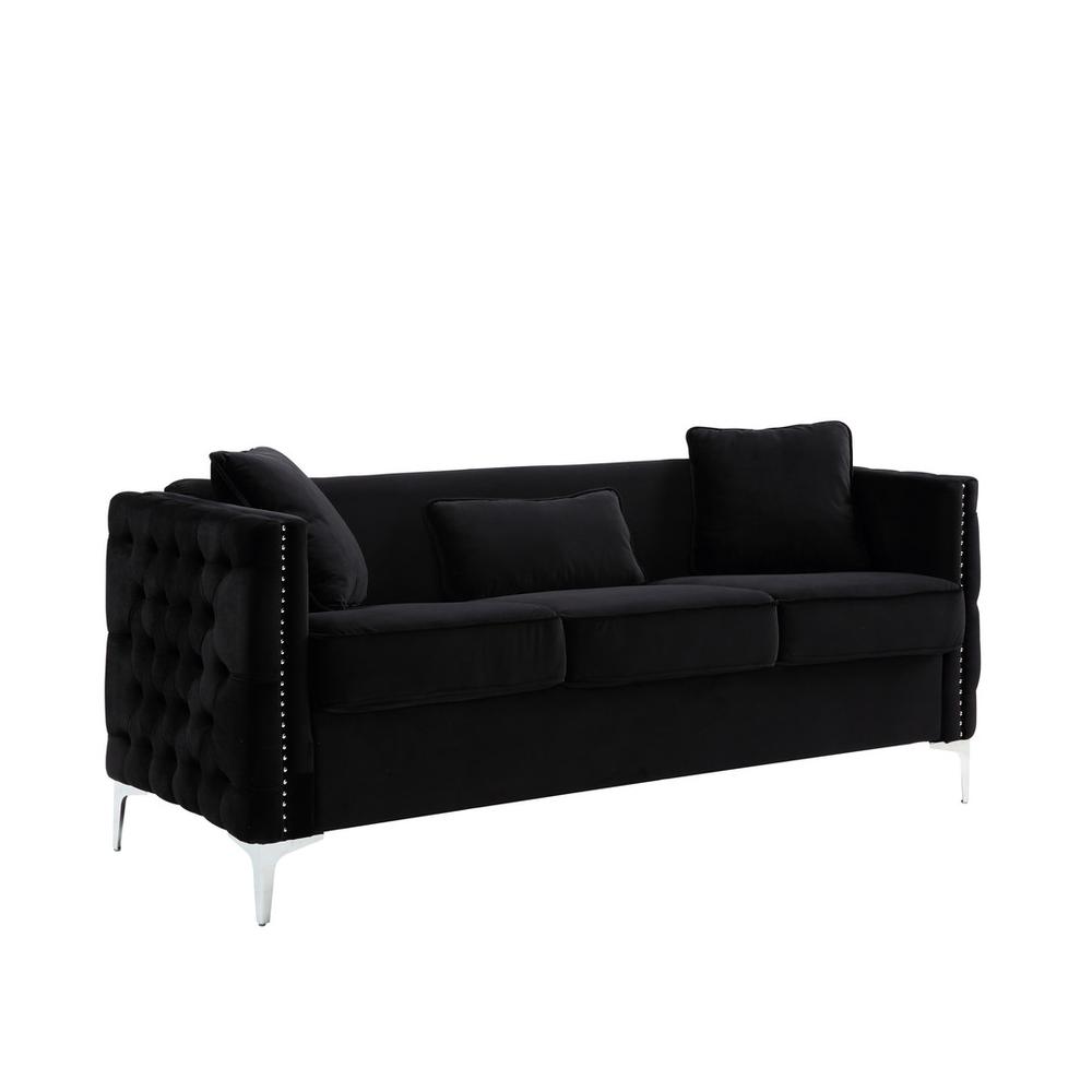 Bayberry Black Velvet Sofa with 3 Pillows