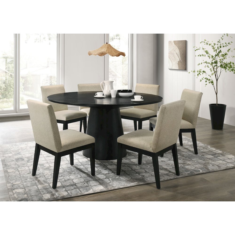 Jasper Ebony Black 7 Piece 59"W Round Dining Table Set with Beige Fabric Chairs