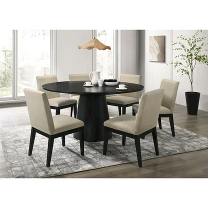 Jasper Ebony Black 7 Piece 59"W Round Dining Table Set with Beige Fabric Chairs