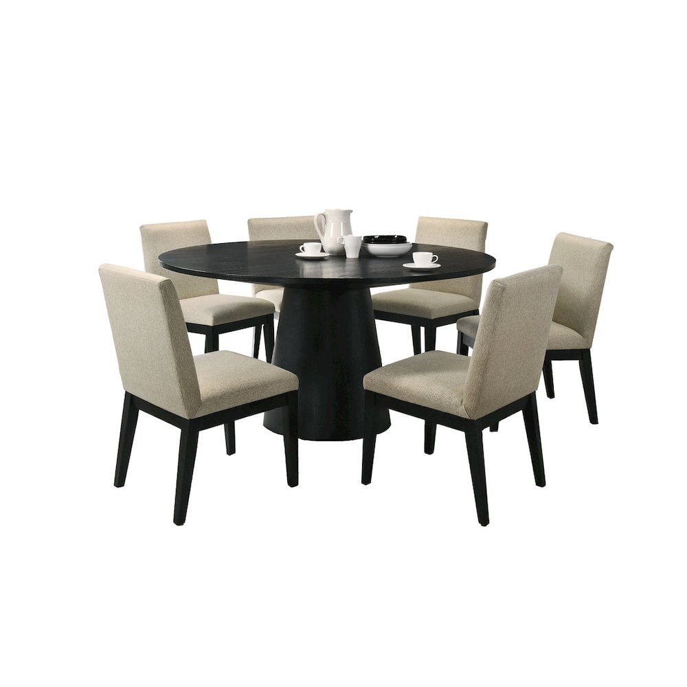 Jasper Ebony Black 7 Piece 59"W Round Dining Table Set with Beige Fabric Chairs