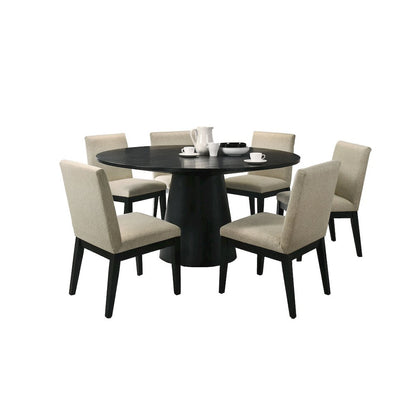 Jasper Ebony Black 7 Piece 59"W Round Dining Table Set with Beige Fabric Chairs