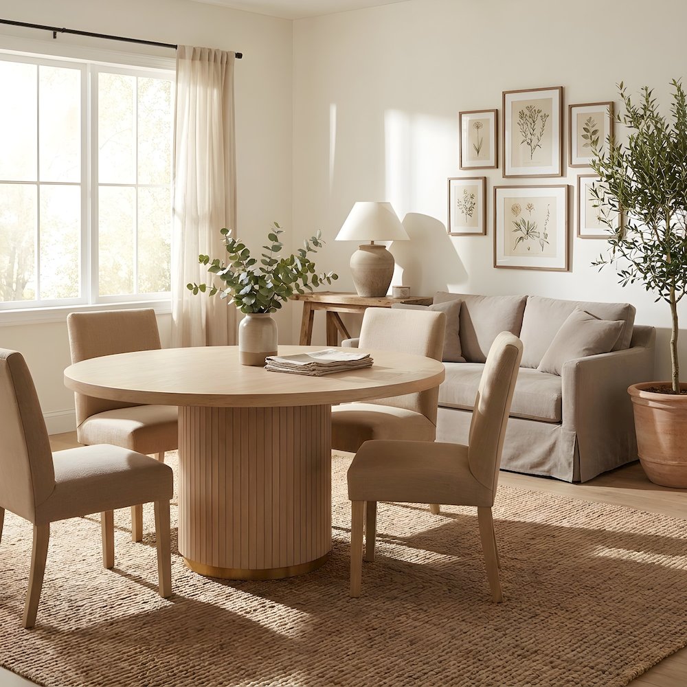 Oak Veneer Square Dining Table with Rubberwood Pedestal and Iron Ring