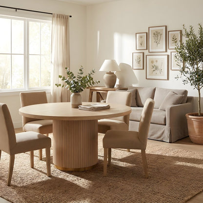 Oak Veneer Square Dining Table with Rubberwood Pedestal and Iron Ring
