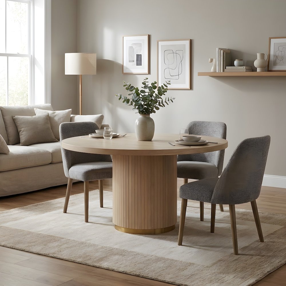 Oak Veneer Square Dining Table with Rubberwood Pedestal and Iron Ring
